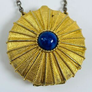 Vtg Estee Lauder Compact Pendant Necklace Gold Tone Blue Stone 24" Solid Perfume